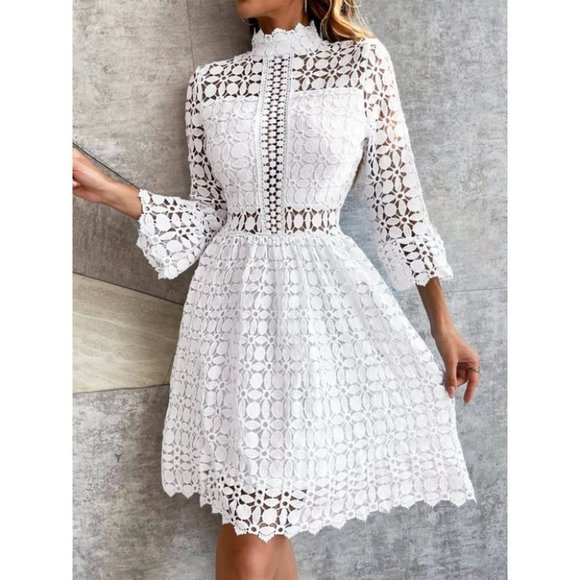 White mock neck Mesh Insert Flounce Sleeve Lace Dress - Picture 4 of 7